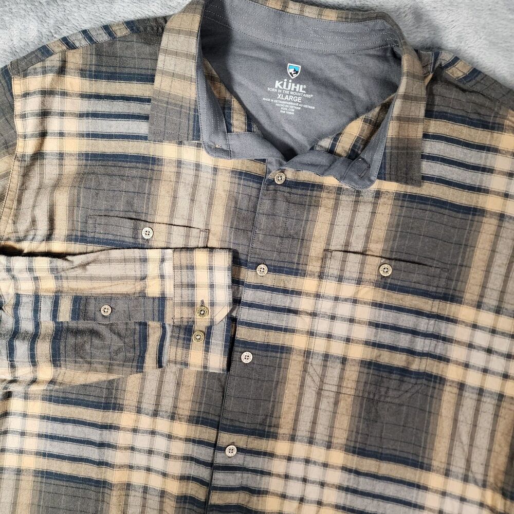 Kuhl Brown Tan Gray Plaid Cotton Tencel Flannel Men's XL Button Up Hiking Shirt